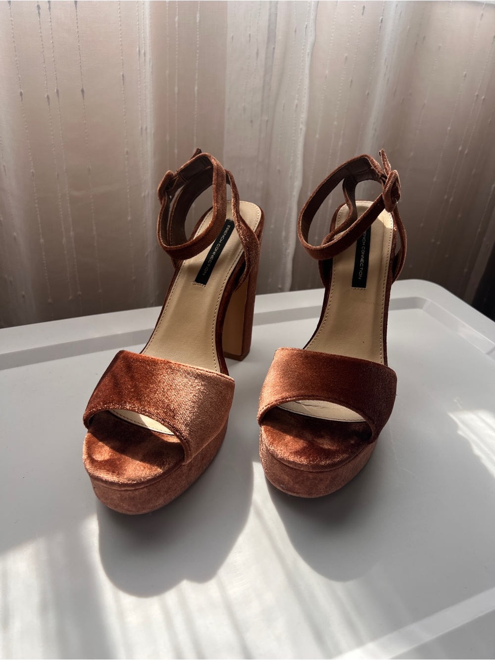French Connection Taryn Copper Brown Velvet Platform Ankle-Strap Heels